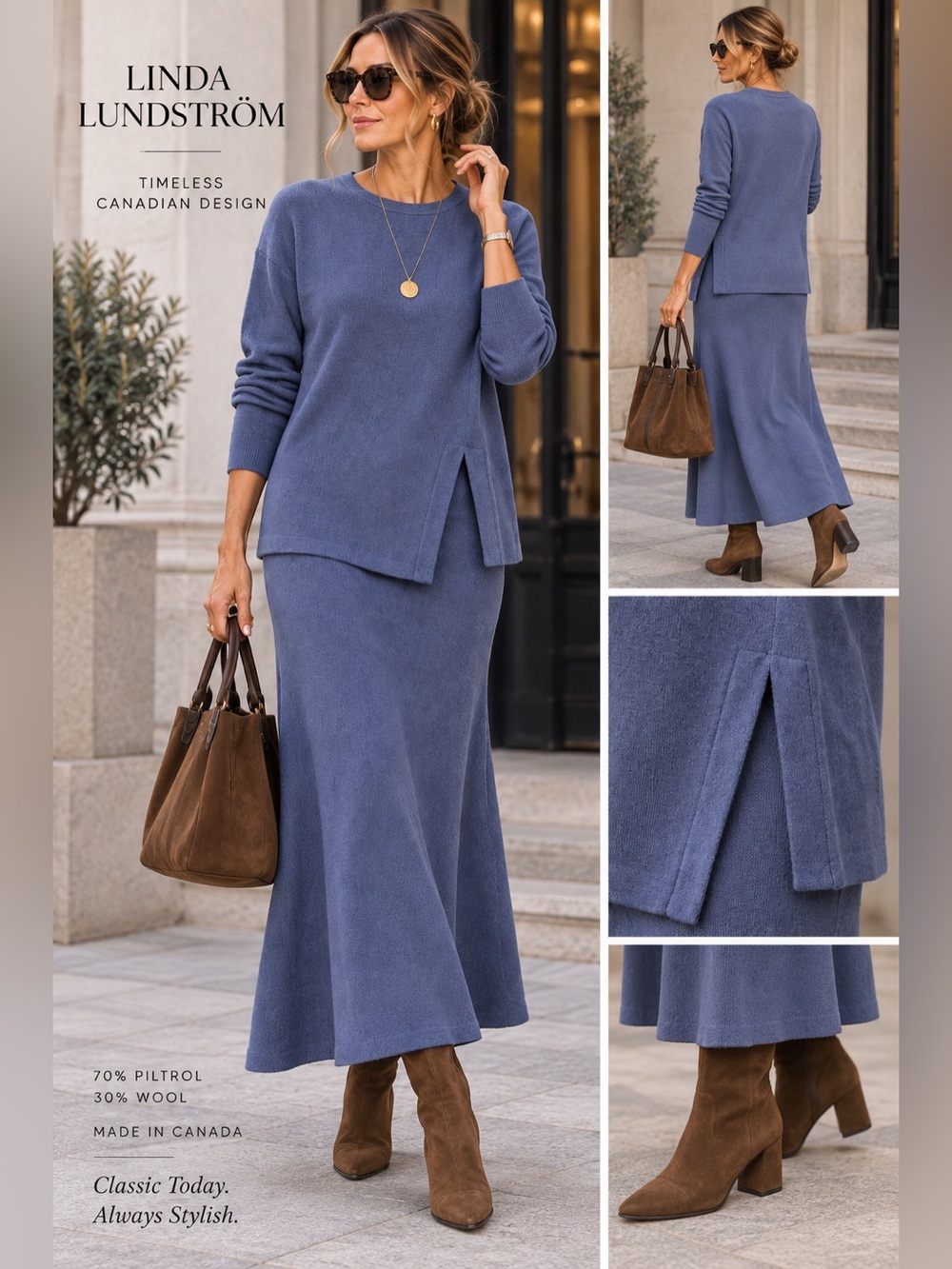 Vintage 90’s Linda Lundström Blue Knit Maxi Skirt — Soft Flared Wool Blend